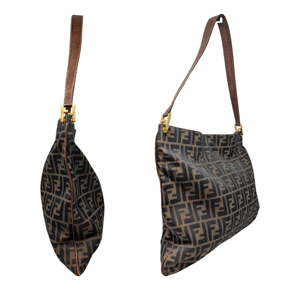 Vintage Fendi Zucca Shoulder Bag Hobo Tobacco FF Gold Hardware Brown Black - Picture 3 of 12